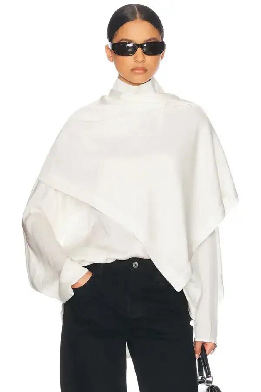 Helsa Revolve White Silk Mock Neck Tunic Top with Detachable Scarf Size Small